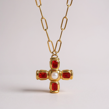 Crimson Pearl Cross Necklace