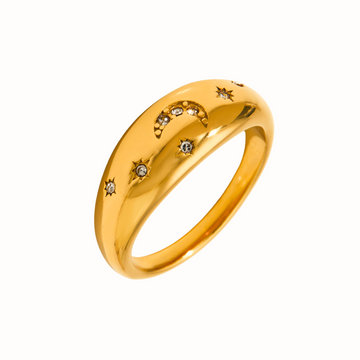 A gold Luna Band Ring with cubic zirconia stars and moons.