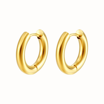 A pair of gold Plain Huggie Hoops made from stainless steel, displayed on a clean white background.