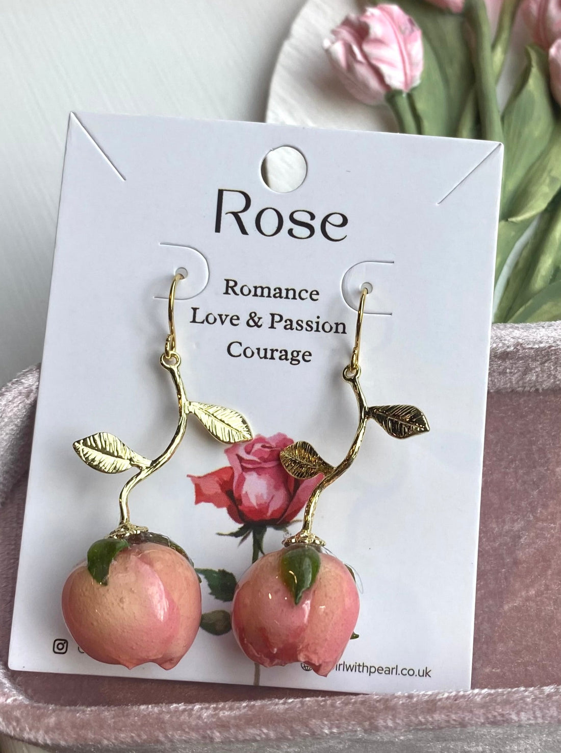 Real rosebud dangle earrings with 18ct gold-plated hooks.