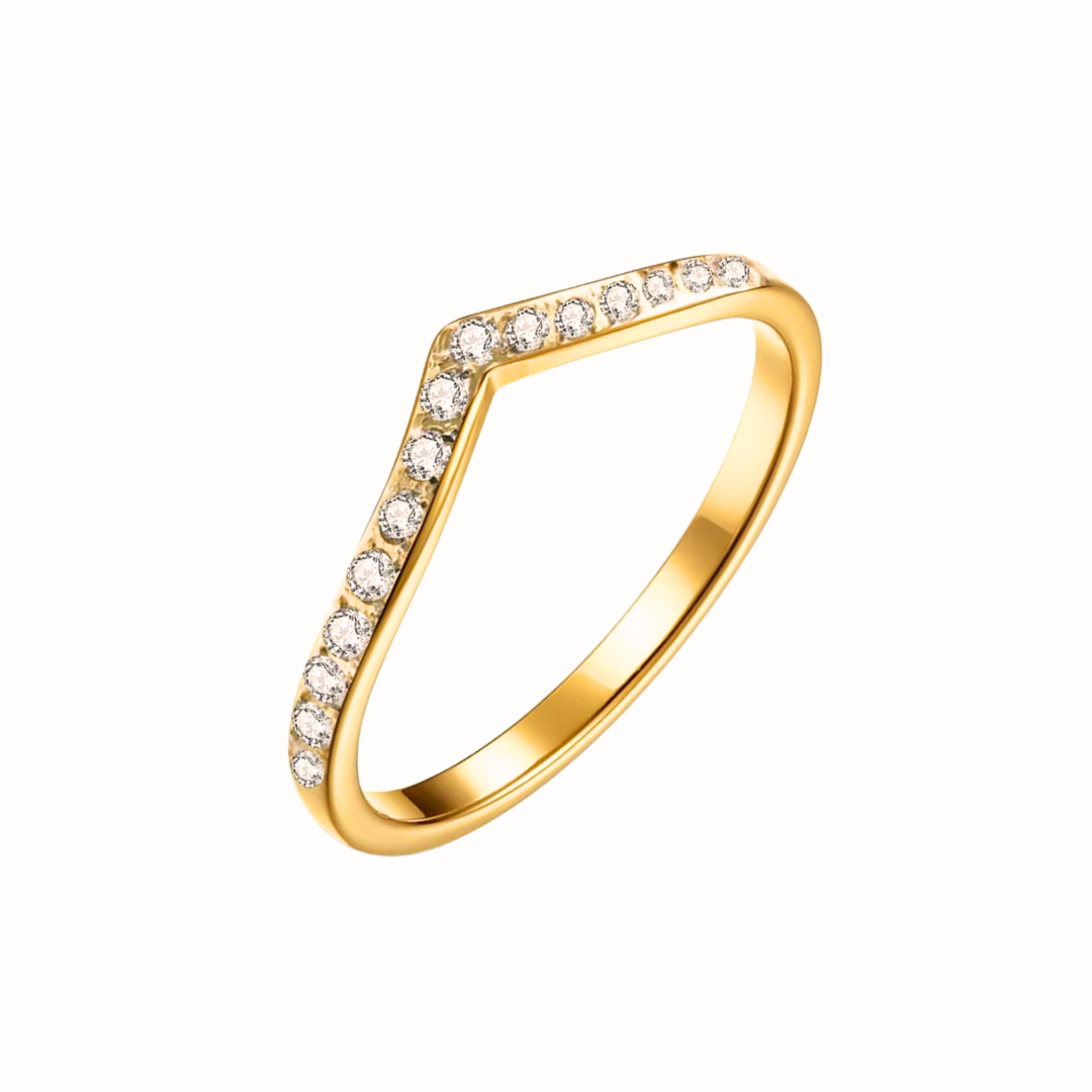 A sparkling wishbone-shaped stainless steel ring.