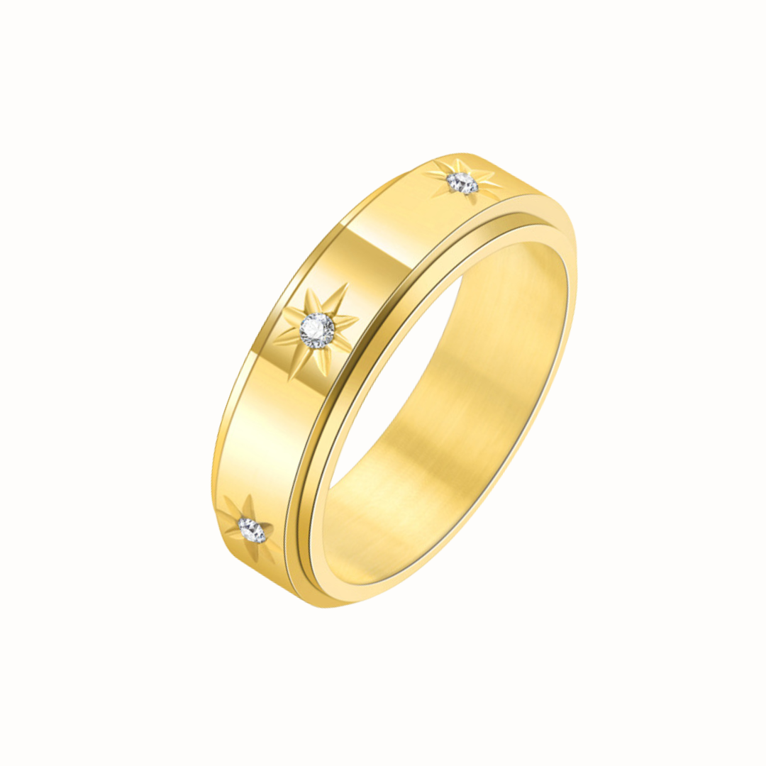 A gold stainless steel spinner ring with cubic zirconia stones, shown on a clean white background.