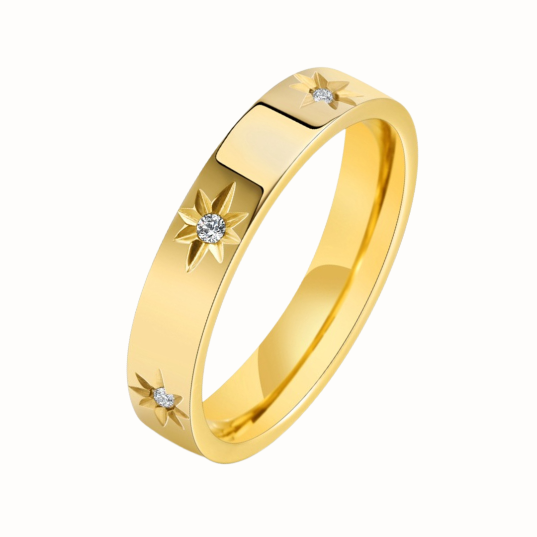 A gold Starburst Ring with three star-shaped accents, each featuring a cubic zirconia stone, displayed on a clean white background.