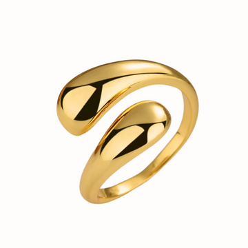 A gold Teardrop Adjustable Ring with curved teardrop-shaped ends, displayed on a white background.