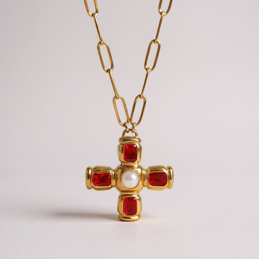 Crimson Pearl Cross Necklace