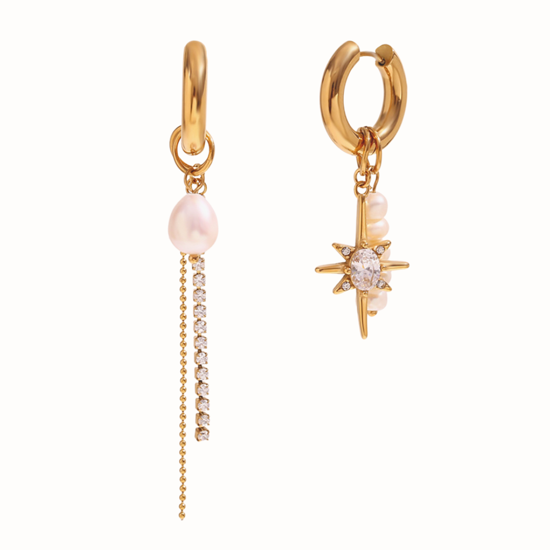Close-up of Asymmetrical Pearl Earrings featuring one longer and one shorter earring, adorned with cubic zirconia and freshwater pearls, with detachable pendants.