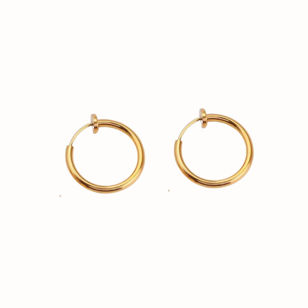 Stainless steel clip-on hoop earrings displayed on a clean white background.