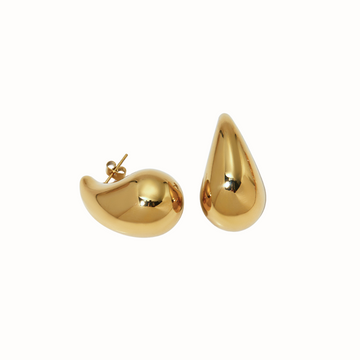 Glossy gold dewdrop-shaped statement earrings.