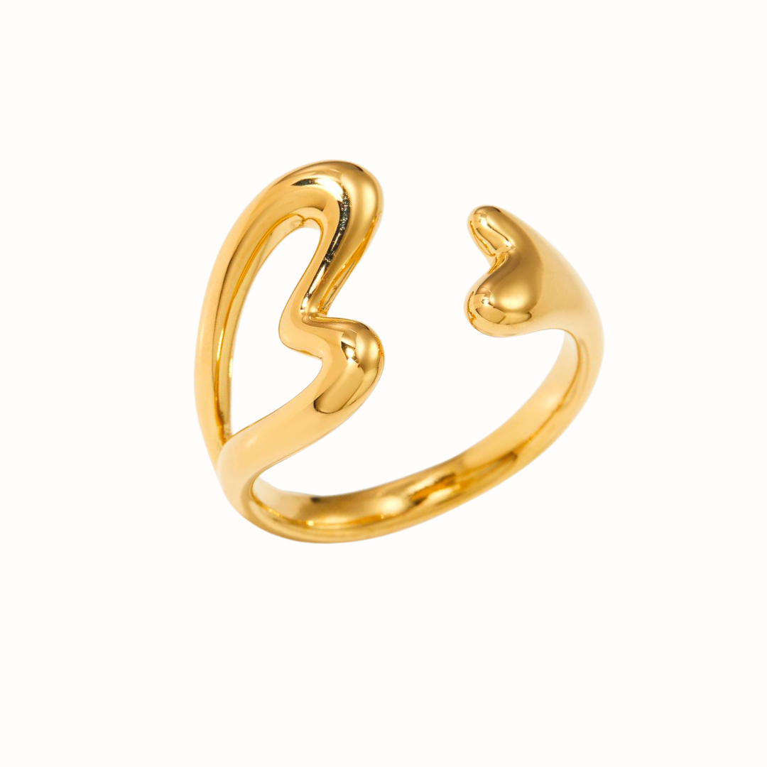 A gold stainless steel adjustable ring with two interlocking hearts, shown on a white background.
