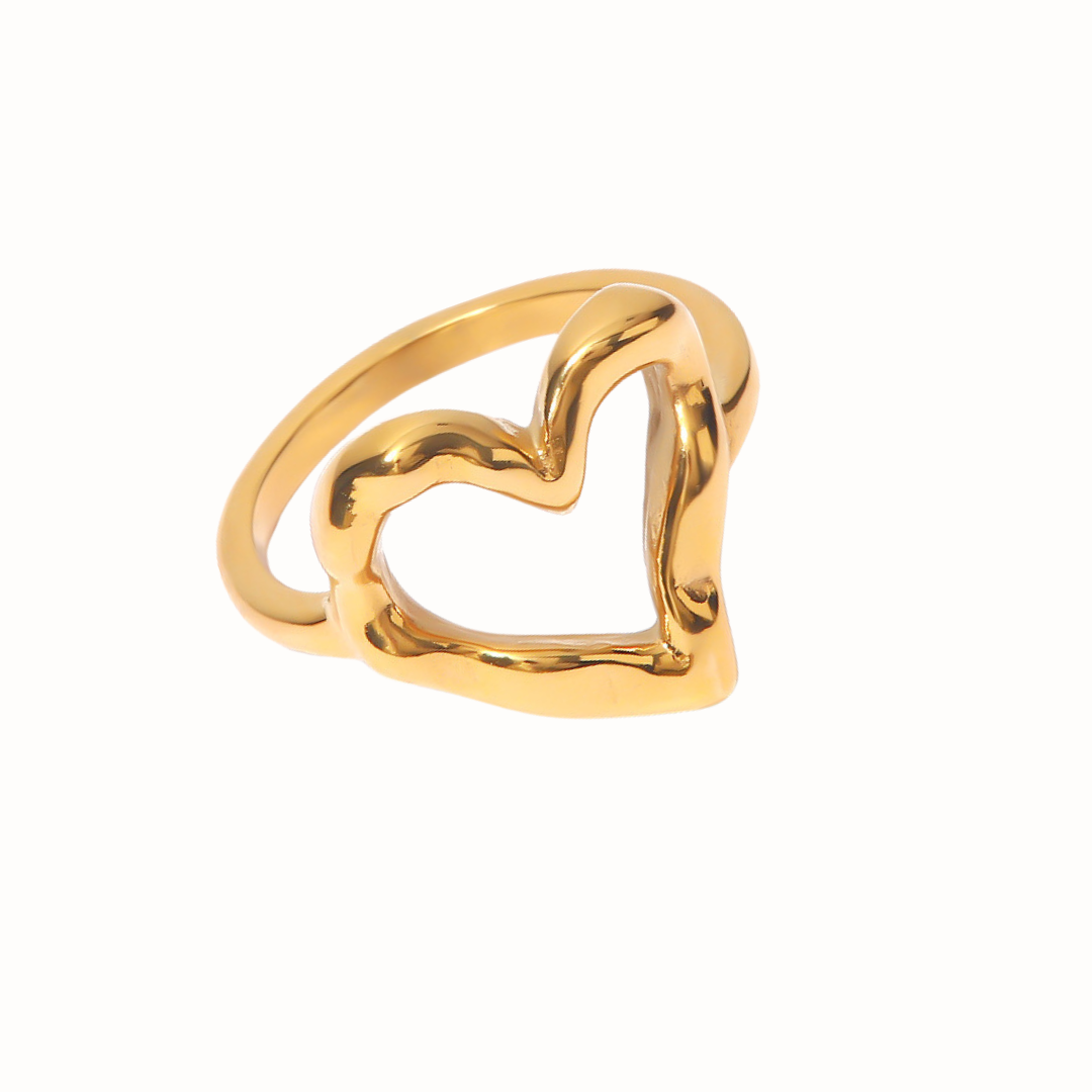 A hollow heart-shaped stainless steel ring in gold, displayed on a white background.