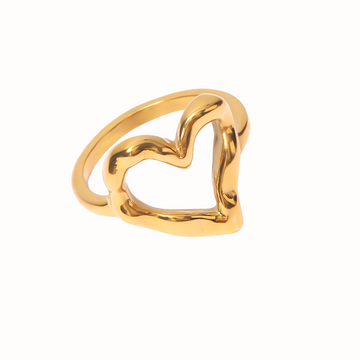 A hollow heart-shaped stainless steel ring in gold, displayed on a white background.