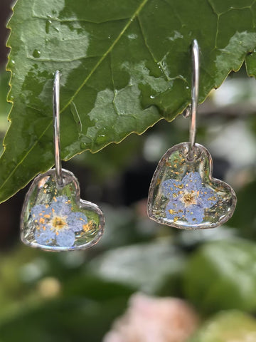Mini heart-shaped earrings made with real forget-me-not flowers in resin and stainless steel hoops, hanging on a green leaf.