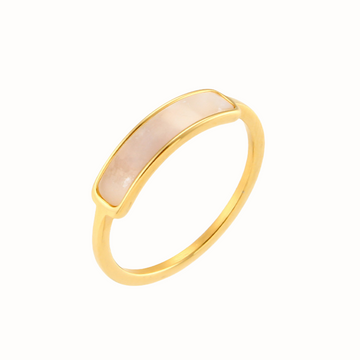 Close-up of the Mother of Pearl Slim Ring featuring a stainless steel band with a delicate inlay of mother of pearl.