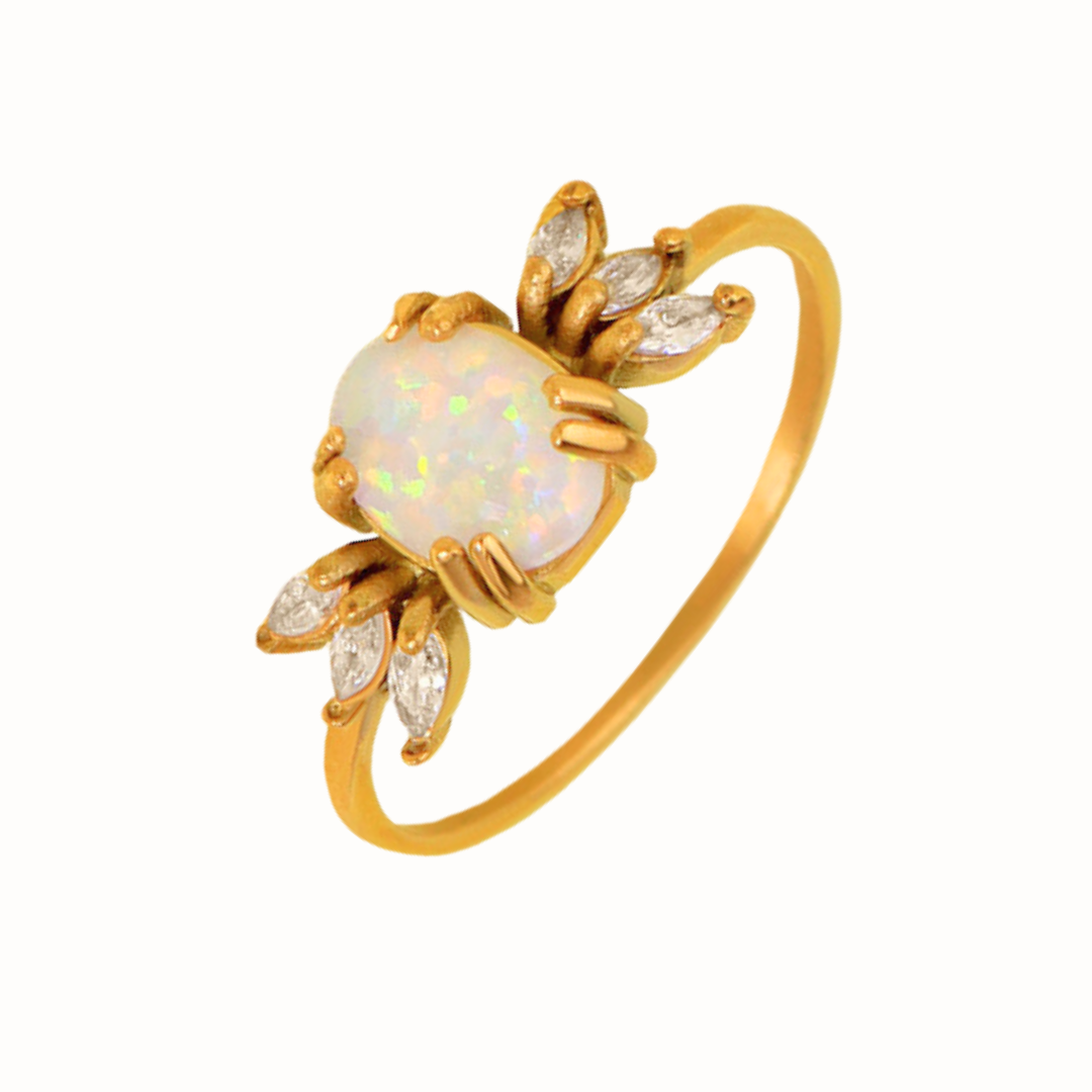 Close-up of the Opal Vintage Ring, featuring opal and cubic zirconia stones set in a vintage-inspired stainless steel band.