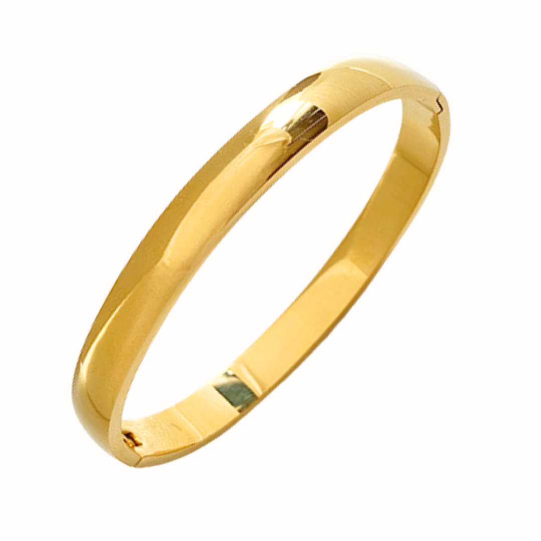 A sleek stainless steel bangle in gold.