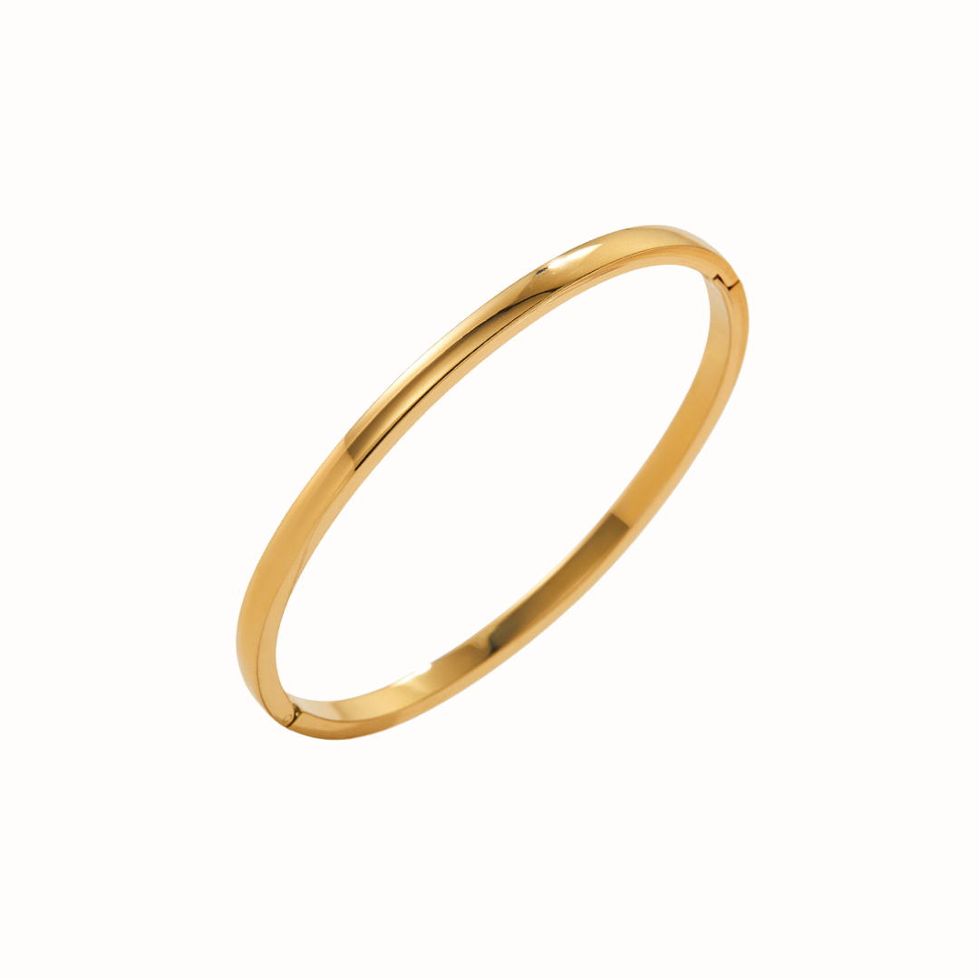 Polished stainless steel bangle bracelet with a sleek clasp.