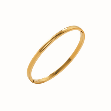 Polished stainless steel bangle bracelet with a sleek clasp.
