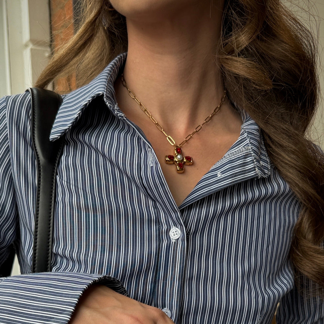 Crimson Pearl Cross Necklace
